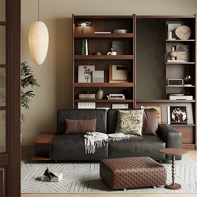 Cozy Study Room Interior Design With Wooden Bookshelves Comfy Sofa Decorative Pillows And Potted Plant 3d model