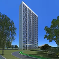 Tall Modern Residential Building Exterior With Many Windows And Green Trees Under Blue Sky
