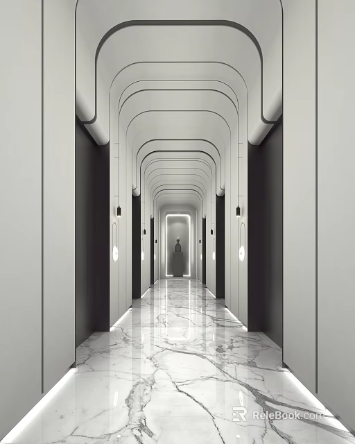 Modern Elevator Hallway With Arched Design Marble Floor Sleek Lighting And Elevator Doors 3d model 