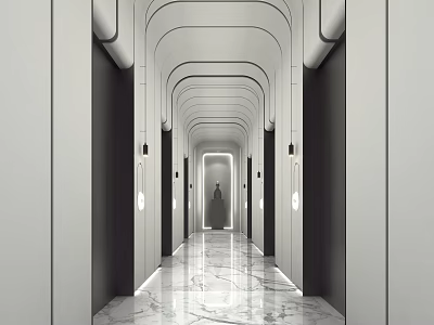 Modern Elevator Hallway With Arched Design Marble Floor Sleek Lighting And Elevator Doors 3d model