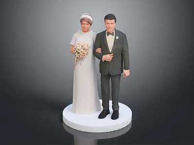 Newlywed Couple Standing In Wedding Gown And Suit With Bouquet On White Circular Base 3d model