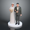 Newlywed Couple Standing In Wedding Gown And Suit With Bouquet On White Circular Base