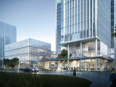 Modern Urban Commercial Street With Glass Facade Buildings Pedestrians Greenery And Vehicles 3d model