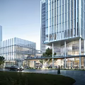 Modern Urban Commercial Street With Glass Facade Buildings Pedestrians Greenery And Vehicles