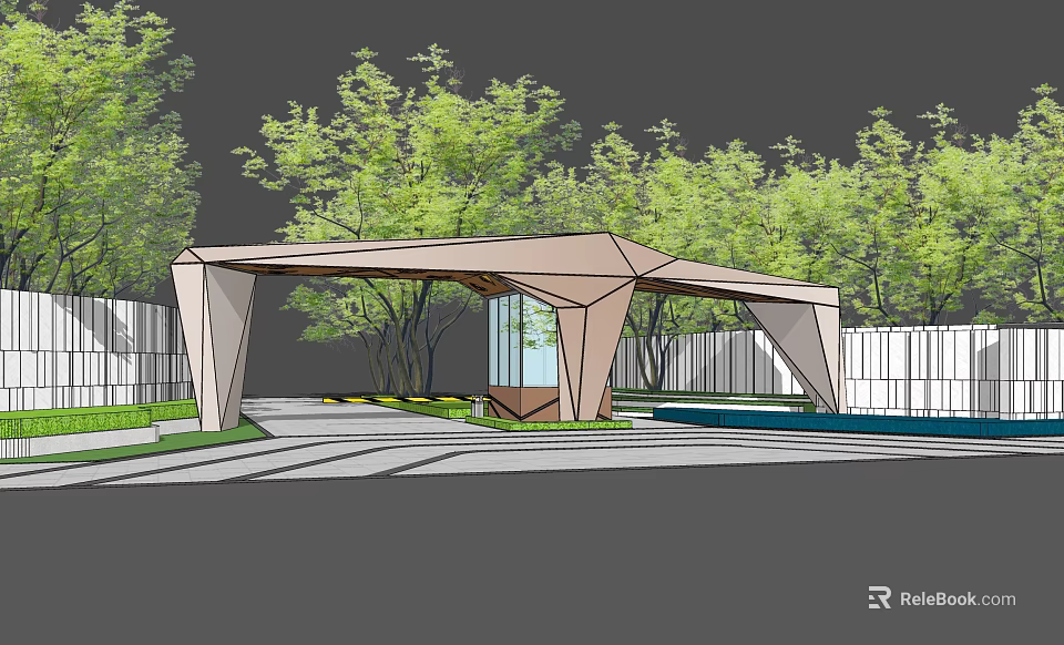 Modern Geometric Entrance Gate with Glass Panels Surrounded by Green Trees and Driveway 3d model 