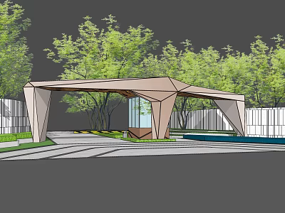 Modern Geometric Entrance Gate with Glass Panels Surrounded by Green Trees and Driveway 3d model