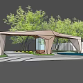 Modern Geometric Entrance Gate with Glass Panels Surrounded by Green Trees and Driveway