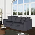 Cozy Gray Two-Seater Sofa with Soft Cushions in Bright Living Room with Wooden Coffee Table