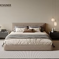 Designer Double Bed with Upholstered Headboard Pillows and Bedding in Modern Bedroom Interior
