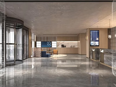 Modern Hotel Lobby Interior With Revolving Door Reception Desk And Seating Area Wooden Decor 3d model