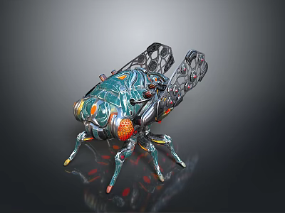 Mechanical Insect Sculpture Turquoise Green Body Orange Spots Transparent Mesh Wings Colorful Leg Details 3d model