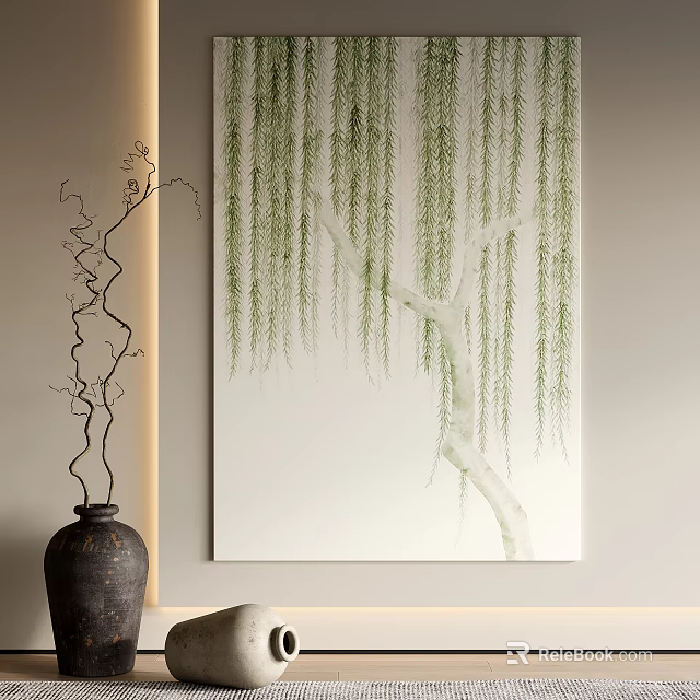Interior Decor With Willow Tree Art And Twisted Branch Vase 3d model