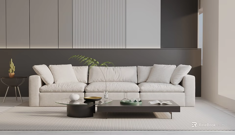 Modern Minimalist Beige Three-Seater Sofa With Black Coffee Table Green Plant Books And Decorative Items 3d model 