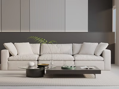Modern Minimalist Beige Three-Seater Sofa With Black Coffee Table Green Plant Books And Decorative Items 3d model