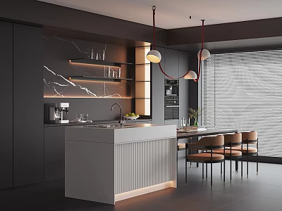 Modern Restaurant Kitchen Interior With Open Layout Marble Island Gray Cabinets And Hanging Lights 3d model