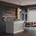 Modern Restaurant Kitchen Interior With Open Layout Marble Island Gray Cabinets And Hanging Lights