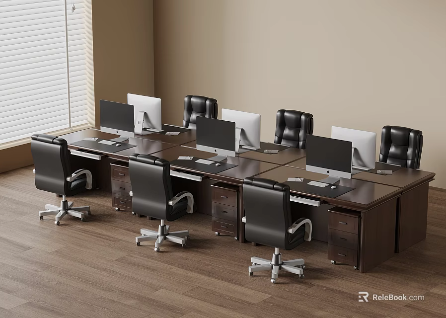 Modern Office Workspace Featuring Wooden Desks Computers And Black Office Chairs 3d model 