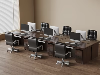 Modern Office Workspace Featuring Wooden Desks Computers And Black Office Chairs 3d model