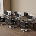 Modern Office Workspace Featuring Wooden Desks Computers And Black Office Chairs