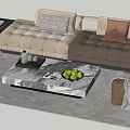 Modern L Shaped Sofa and Coffee Table Set with Marble Top and Pillows 3d model