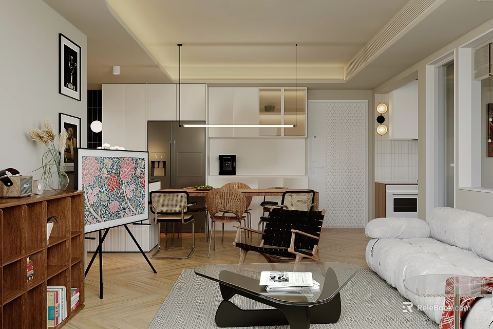 Warm Bright Open Plan Living And Dining Room With Comfortable Sofas Dining Set And Kitchen 3d model 
