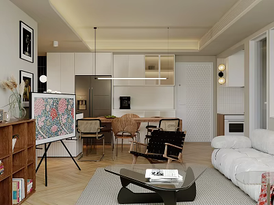Warm Bright Open Plan Living And Dining Room With Comfortable Sofas Dining Set And Kitchen 3d model