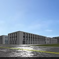 Modern Office Building Exterior With Green Trees Car Pedestrians And Blue Sky