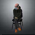 Elderly Man Sitting On Chair Wearing Mask Dark Jacket And Orange Shoes