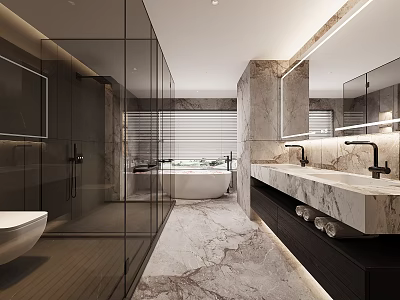 Modern Luxury Bathroom Interior With Marble Glass Shower Double Vanity Bathtub Large Mirror And Lighting 3d model