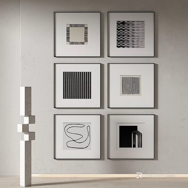 Six Abstract Paintings with Geometric Linear and Curved Patterns on Modern Gray Wall 3d model