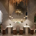 Luxurious Restaurant Interior Design With Chandeliers Green Plants Marble Dining Tables Arched Windows Leather Seats