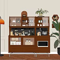 Wooden Sideboard With Glass Doors Storing Mugs Bottles Coffee Machine Microwave And Warm Lighting