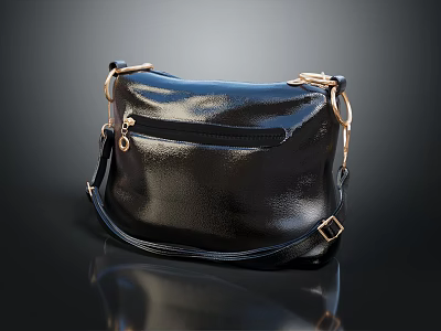 Black Leather Shoulder Bag With Curved Shape And Gold Metal Hardware 3d model