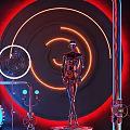 Industrial Style Bar Interior With Red Neon Lights And Moon Decor