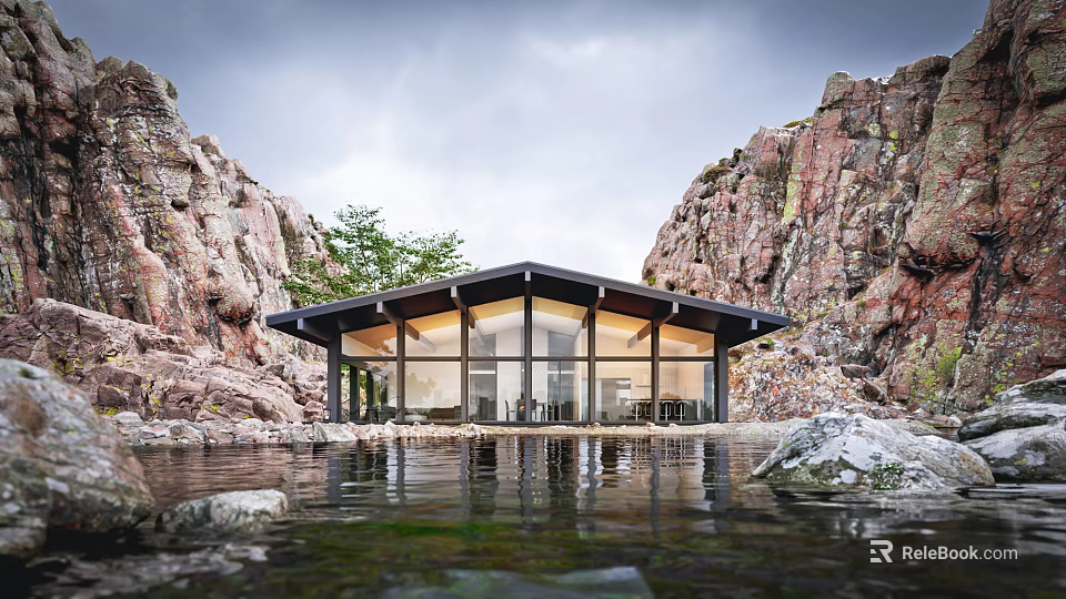 Scenic Guesthouse Building Nestled Between Rocky Cliffs With Large Windows And Water Views 3d model 