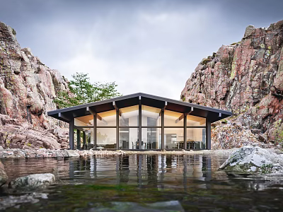 Scenic Guesthouse Building Nestled Between Rocky Cliffs With Large Windows And Water Views 3d model
