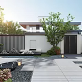 Traditional Chinese Courtyard Garden Featuring Stone Path Lanterns Green Plants And Cherry Blossom Tree