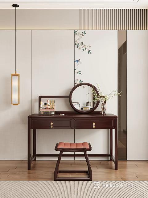 Elegant Dark Brown Dressing Table With Round Mirror Drawers And Upholstered Stool 3d model