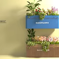 Beautiful Flower Plants Arranged in Hanging Planter Boxes with Blue and Brown Design on Wall