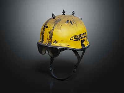 Vintage Yellow Construction Helmet With Spikes Scratches Stains And Safety Goggles 3d model