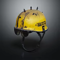 Vintage Yellow Construction Helmet With Spikes Scratches Stains And Safety Goggles