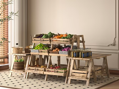 Wooden Shelves Displaying Fresh Fruits Vegetables And Bottled Drinks Neatly Arranged In Rustic Indoor Setting 3d model