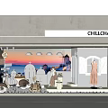 CHILLCHAN Window Display With Sunset Scene White Buildings Scooter White Shutters And Dress Mannequin