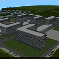 Aerial View Planning of Modern Building Complex With Connected Structures Green Spaces and Parking Areas