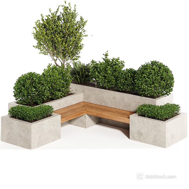 Stylish Bonsai Potted Plants In Concrete Planters With Wooden Bench And Green Shrubs 3d model 