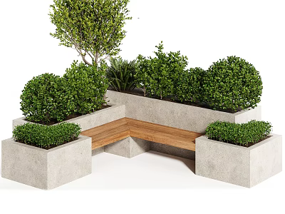 Stylish Bonsai Potted Plants In Concrete Planters With Wooden Bench And Green Shrubs 3d model