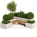 Stylish Bonsai Potted Plants In Concrete Planters With Wooden Bench And Green Shrubs