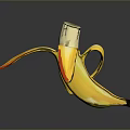 Peeled Banana with Yellow Skin Red Edges and Wooden Stem on Dark Shiny Surface