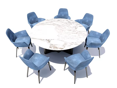 Round Marble Top Dining Table Set With Six Blue Modern Chairs 3d model