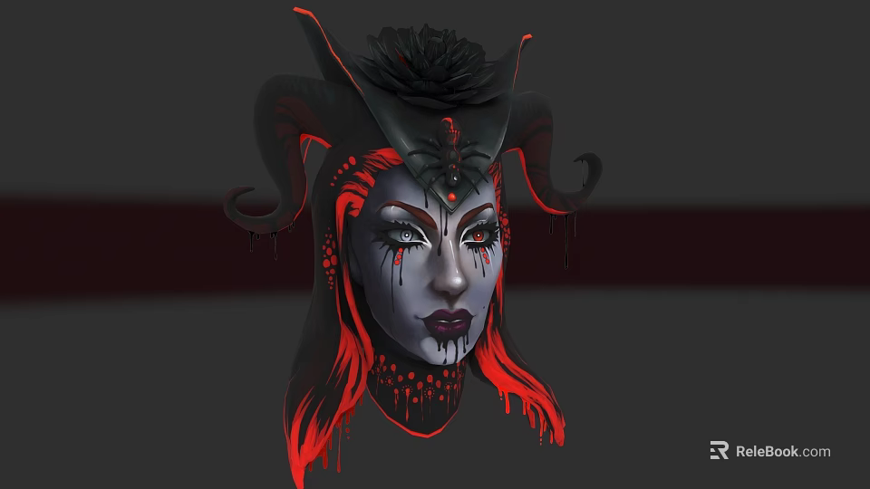 Woman With Black Horns Red Hair And Flower Adorned Black Headdress With Striking Makeup 3d model 
